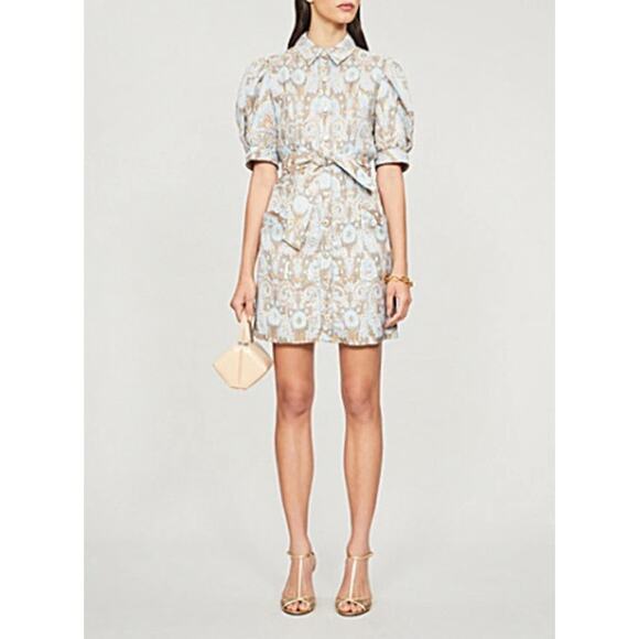 Sandro Orlan Metallic Jacquard Puff Sleeve Mini Shirt Dress Blue/Gold EU 42 US 6 - Picture 1 of 11